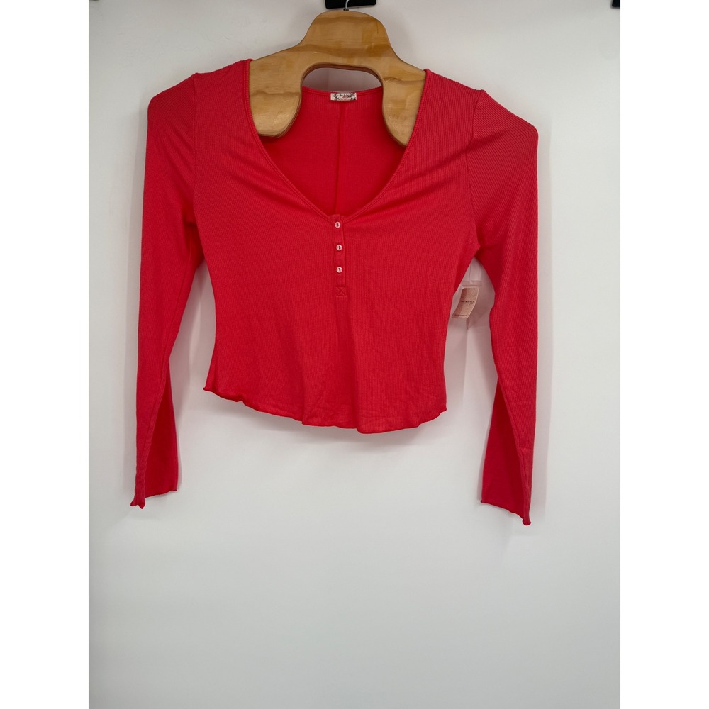 Free People Coral Ribbed LongSleeve Henley Top Womens NWT Sz‎ L